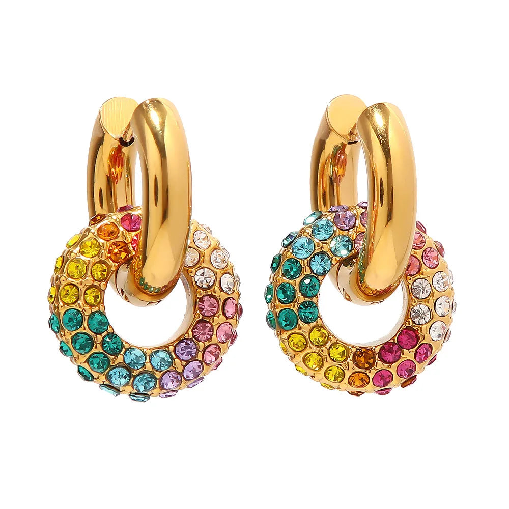 2025 Fashion New Stainless Steel 18K Gold Texture Light Luxury Colorful Full Diamond Donut Shape Earrings