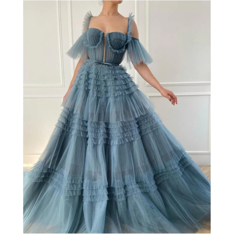 Off Shoulder Spaghetti Straps Ruffles Backless Ball Gown Wedding Gown Birthday Party Dress Plus Size Women Prom Evening Dress
