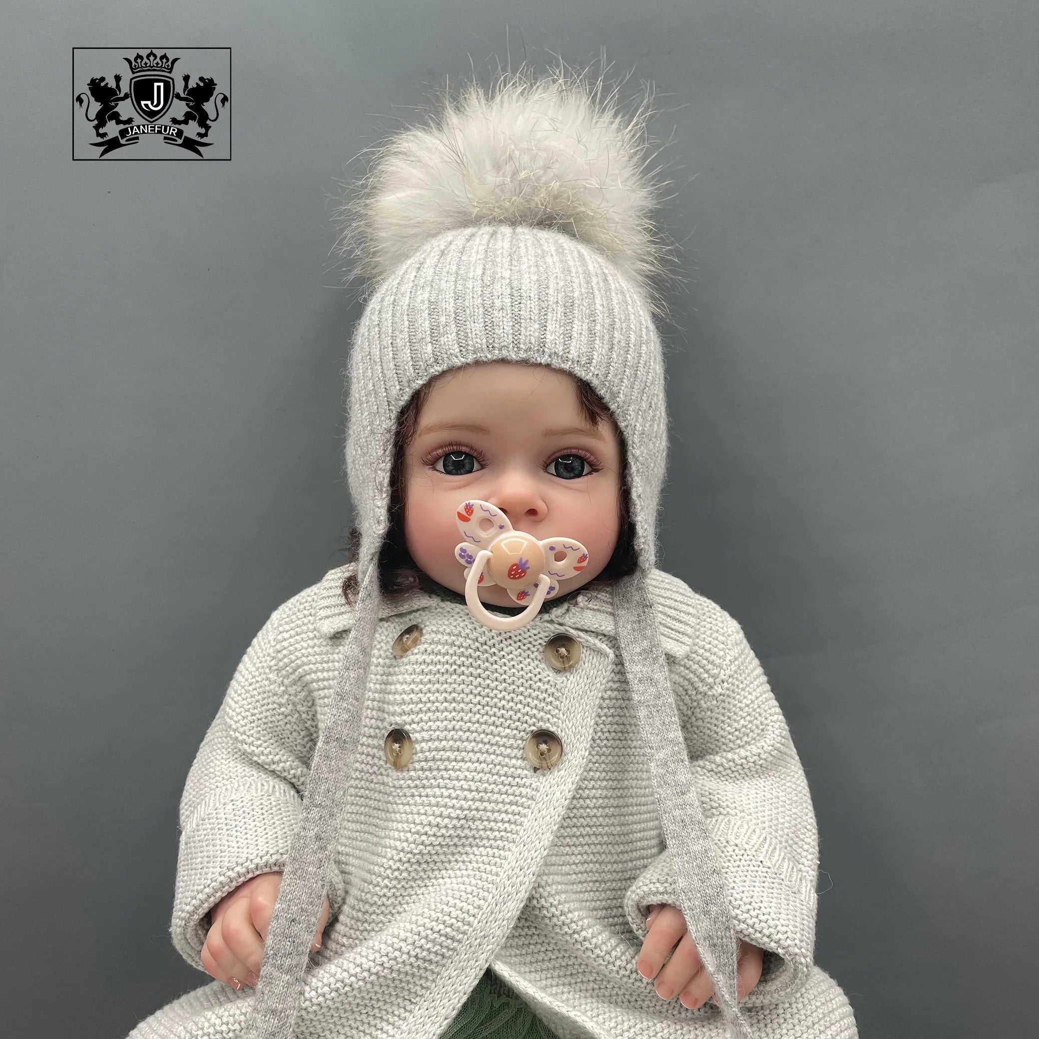 Janefur New Cute Knit Braids Angora Beanie Hats With Real Raccoon Fur Ball Cute Boys Girls Knitted Earflap Beanie With Ball
