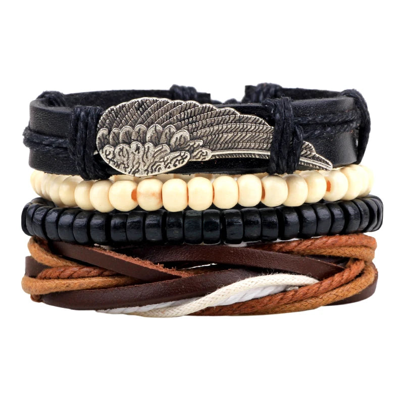 Vintage Adjustable Braided Wax Cord Multilayer Wrap Leather Charm Angel Wing Bracelet Set Jewelry for Men
