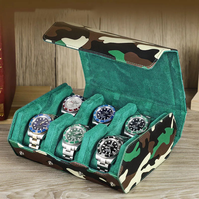 Classic 6 Slot Leather Camouflage Hexagon Watch Case Box Watch Display Genuine Leather Storage Organizer Watch Travel Case
