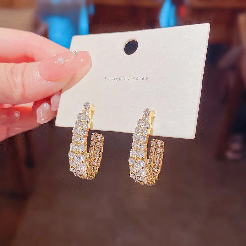 New Fashion Crystal Earrings Classic Elegant U-shape Earrings Baroque Rhinestone Diamond Hoop Earrings for Women Girls