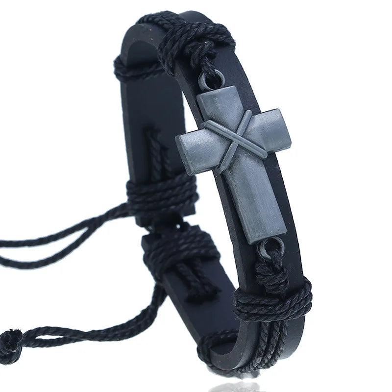 Cross Leather Bracelet for Men Jesus Christian Religious Vintage Bracelet Jewelry