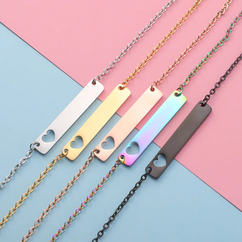 Fashion Stainless Steel 18k PVD Gold Plated Custom Made Logo Name Pendant Cut Out Hollow Heart Horizontal Bar Necklace for Women