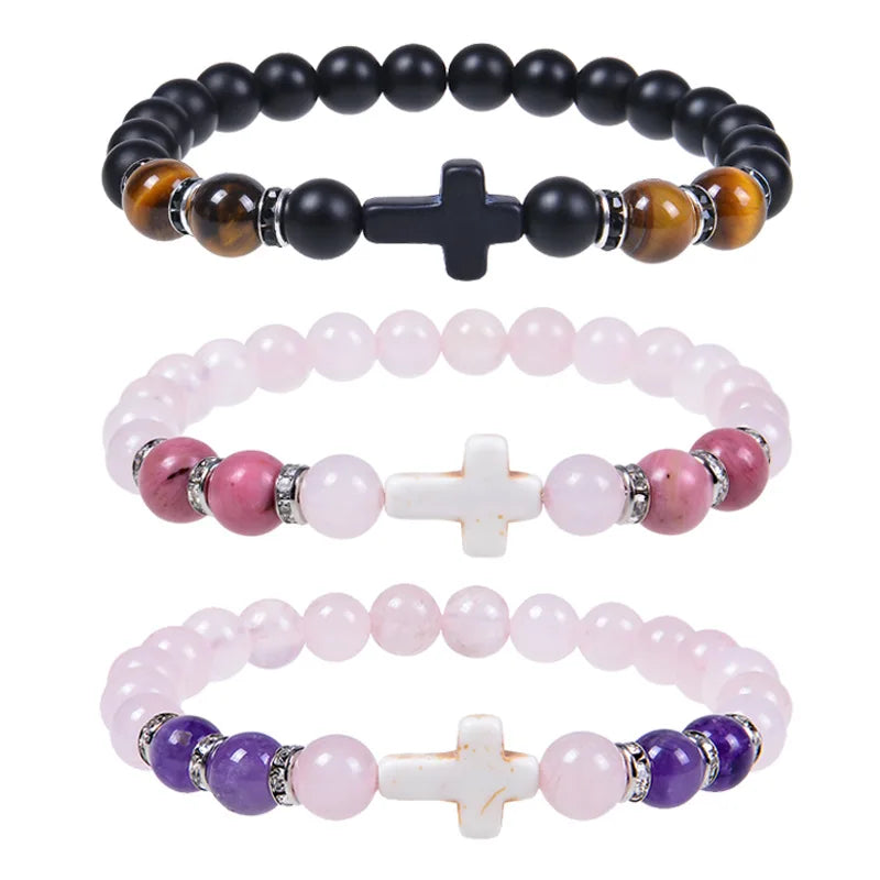 8mm Tiger Eye Beaded Bracelet for Women Fashion Jewelry Handmade Yoga Elastic Cross Charm Natural Stone Bracelet