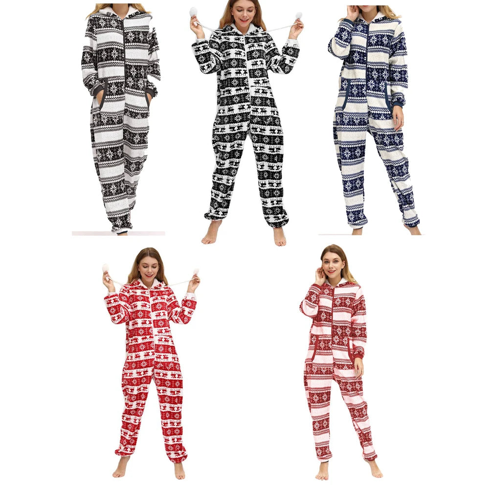 Adult Women's Warm Fleece One Piece Hooded Footed Zipper Pajamas Bathrobe Soft Adult Footie with Hood for Winter Baby Romper