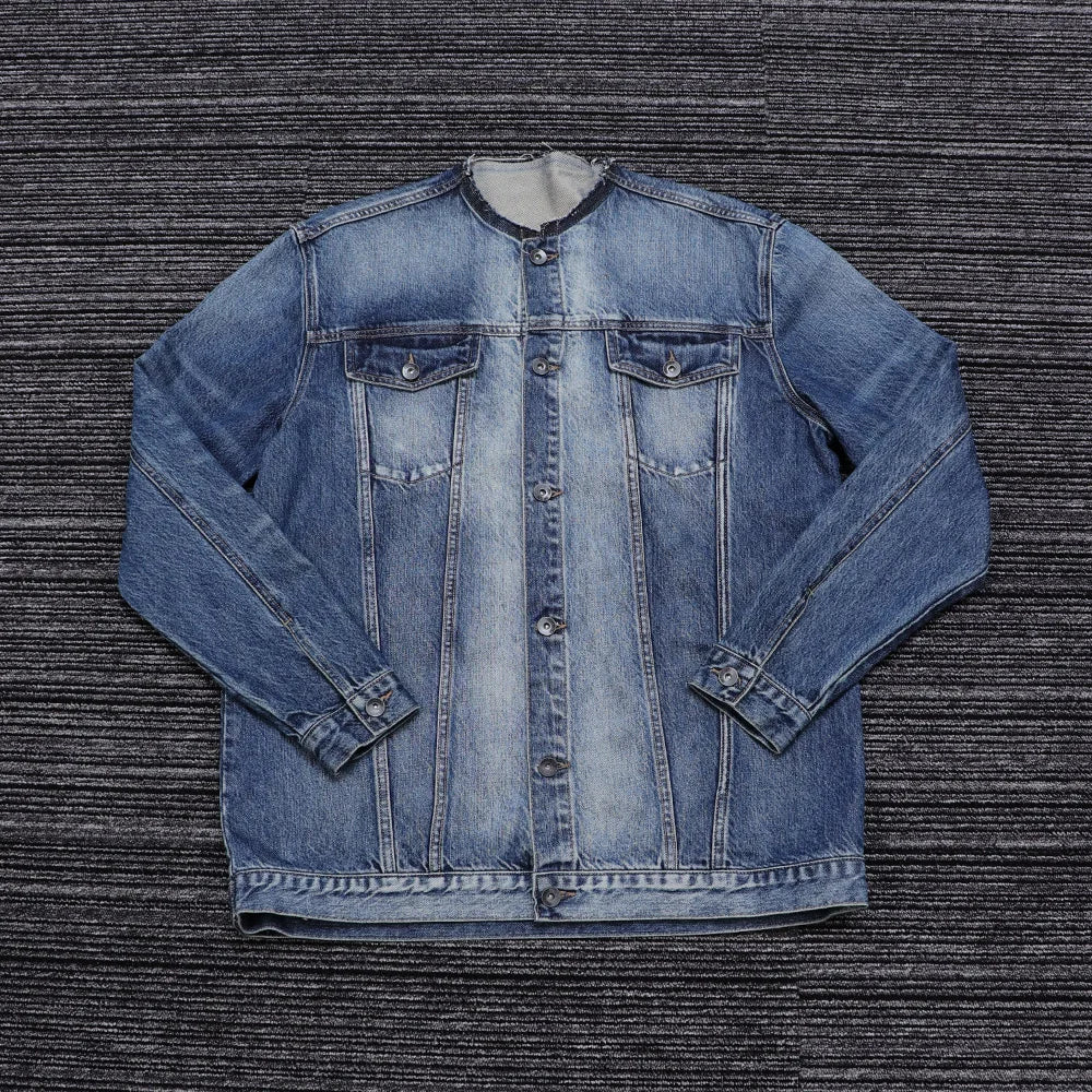 Custom Men Vintage Raw Edge Selvedge Jacket Coat Washed Formal Loose Fit Collarless Men Denim Jacket with Pocket Design