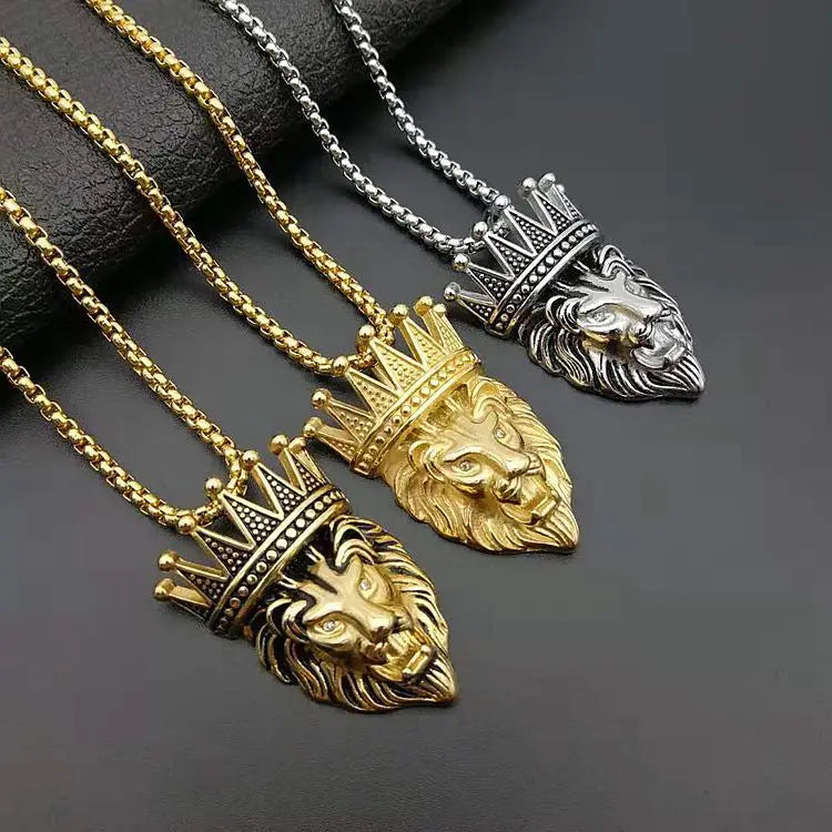 Hiphop Stainless Steel Gold Chain Statement Casting Zircon Animal Crown lion Pendant Necklace Men Jewelry Necklaces
