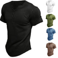 RNSHANGER New Summer Harajuku Henry Collar T-Shirt for Men Solid Short Sleeve Button Casual Tshirt Fashion Tees Top