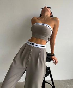 Enyami Streetwear American Hot Girls Patchwork Design Co Ords Casual Sleeveless Tube Top High Waist Pants 2 Two Piece Set Women