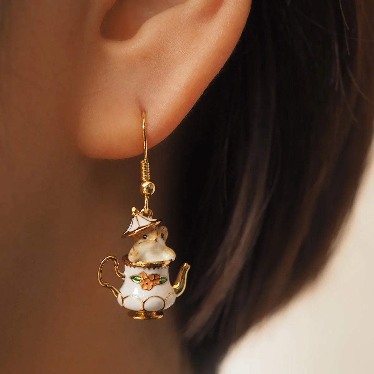 Mother Day Gift Handmade Animal Jewelry Dainty Chipmunk Earrings for Women Girl Enamel Color Glaze Cute Chipmunk Teapot Earrings