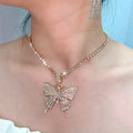 2023 Dainty Tennis Chain Full Diamond Necklace Jewelry Women Generous Temperament Gold Pink Butterfly Pendant Necklace Set