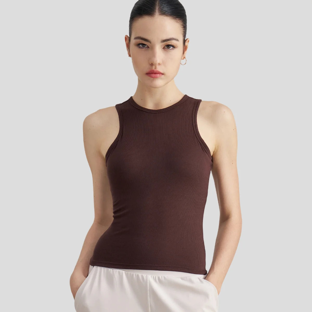 Women's Lightweight Breathable Ribbed Crew Neck Sports Vest Fast-Drying Running Tank Tops for Sport Fitness