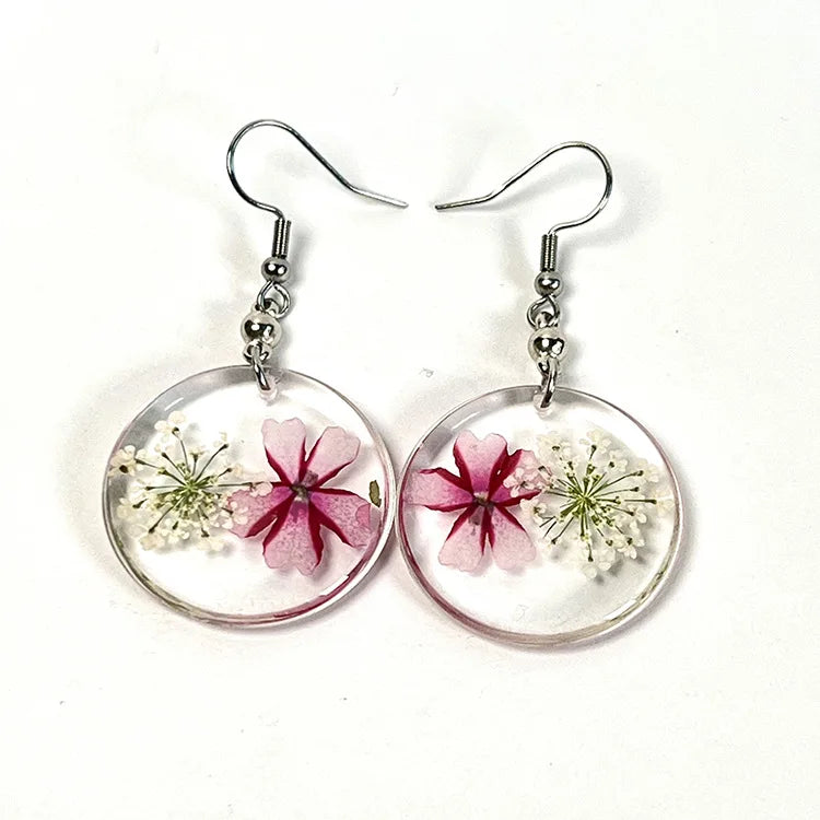 Stainless Steel Hook Handmade Dried Flowers Resin Earrings
