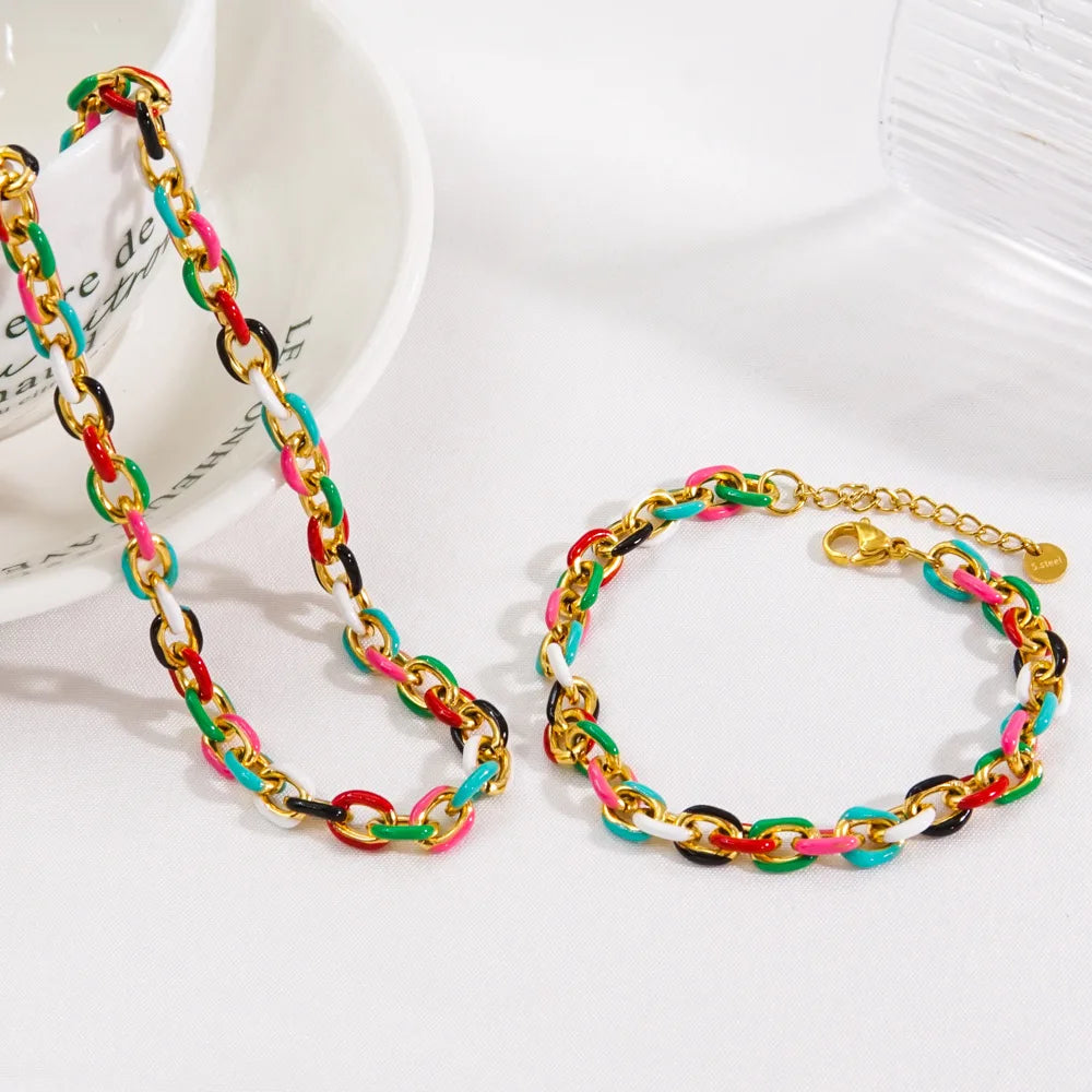 Bohemia Popular Colorful Enamel Bracelet Adjustable 18K Gold Plated Stainless Steel Link Chain Bracelet Jewelry
