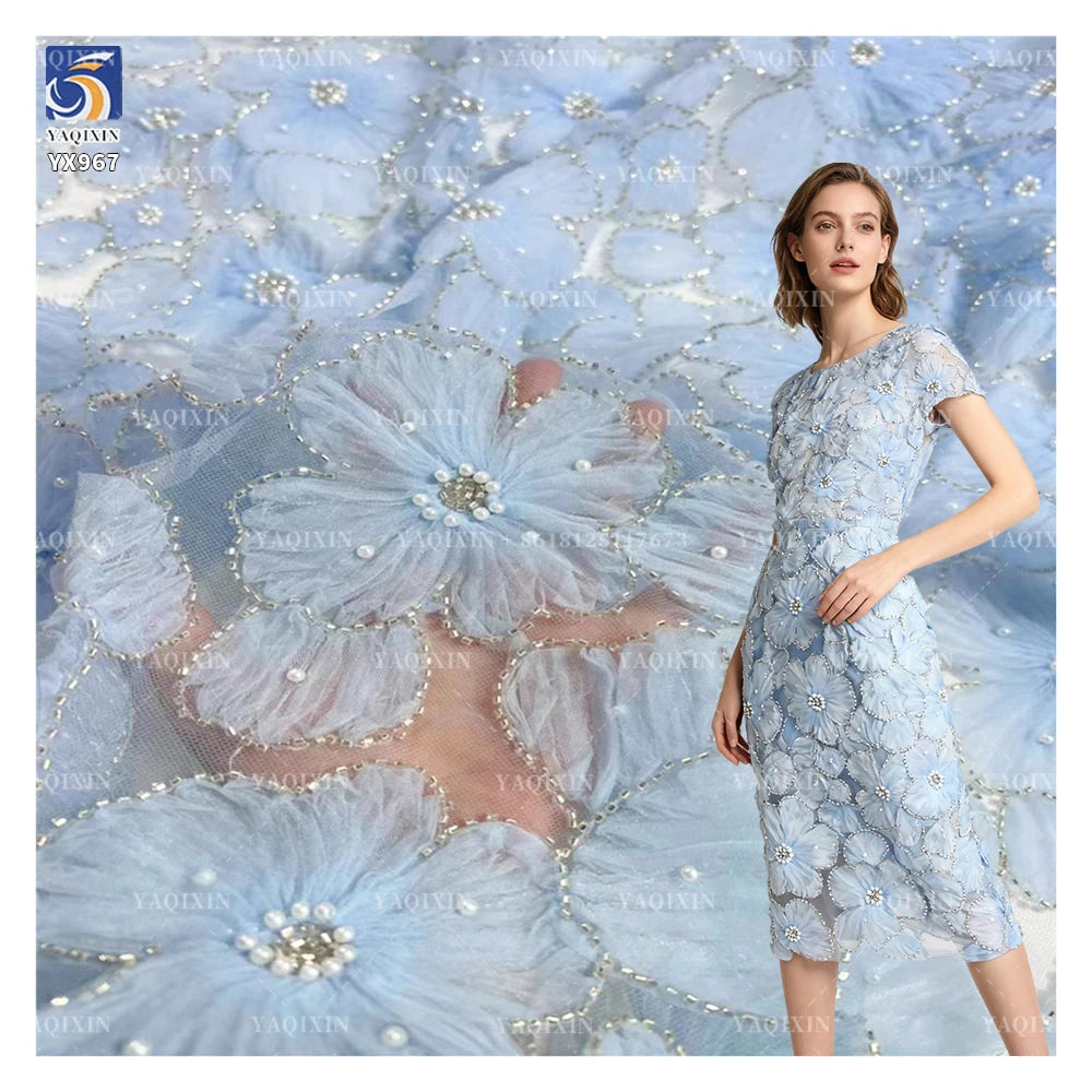 YX967-2 Cheap and Low-Priced 3D Flowers Plain Embroidery Tulle Mesh Fabric With White Pearls 3D Tulle Dress Fabrics for Girl
