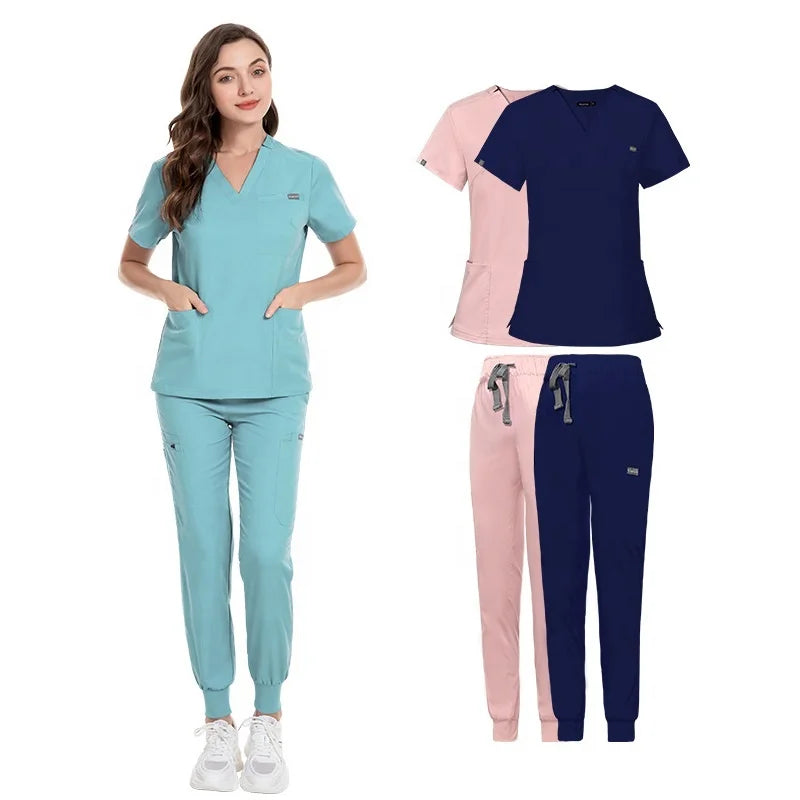 Wholesale Men Women V-neck Elastic Nurse Uniform  Hospital Oem logo Nurse Doctor Uniform Scrub Suits Tops Pants Scrubs Sets
