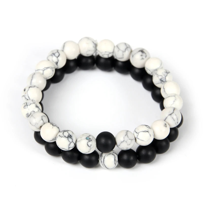 2Pcs/Set Couples Distance Bracelet Classic White and Black Natural Stone Beaded Bracelet