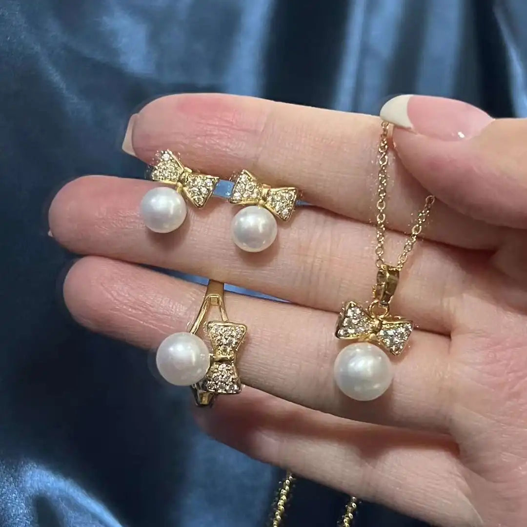 Women's Trendy 868 Silver 6-8mm Freshwater Pearl Necklace Earring Ring Set with Butterfly Bread Button Design