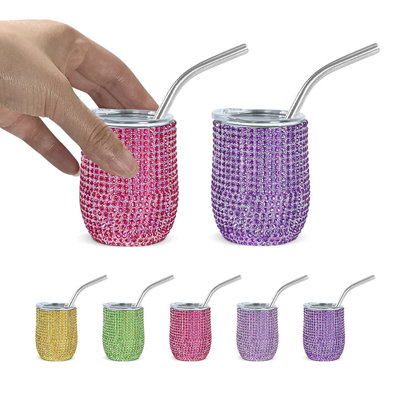 3oz Mini Stainless Steel Shot Glass With Rhinestone Kids Tumbler With Handle Double Wall Insulated Coffee Mugs