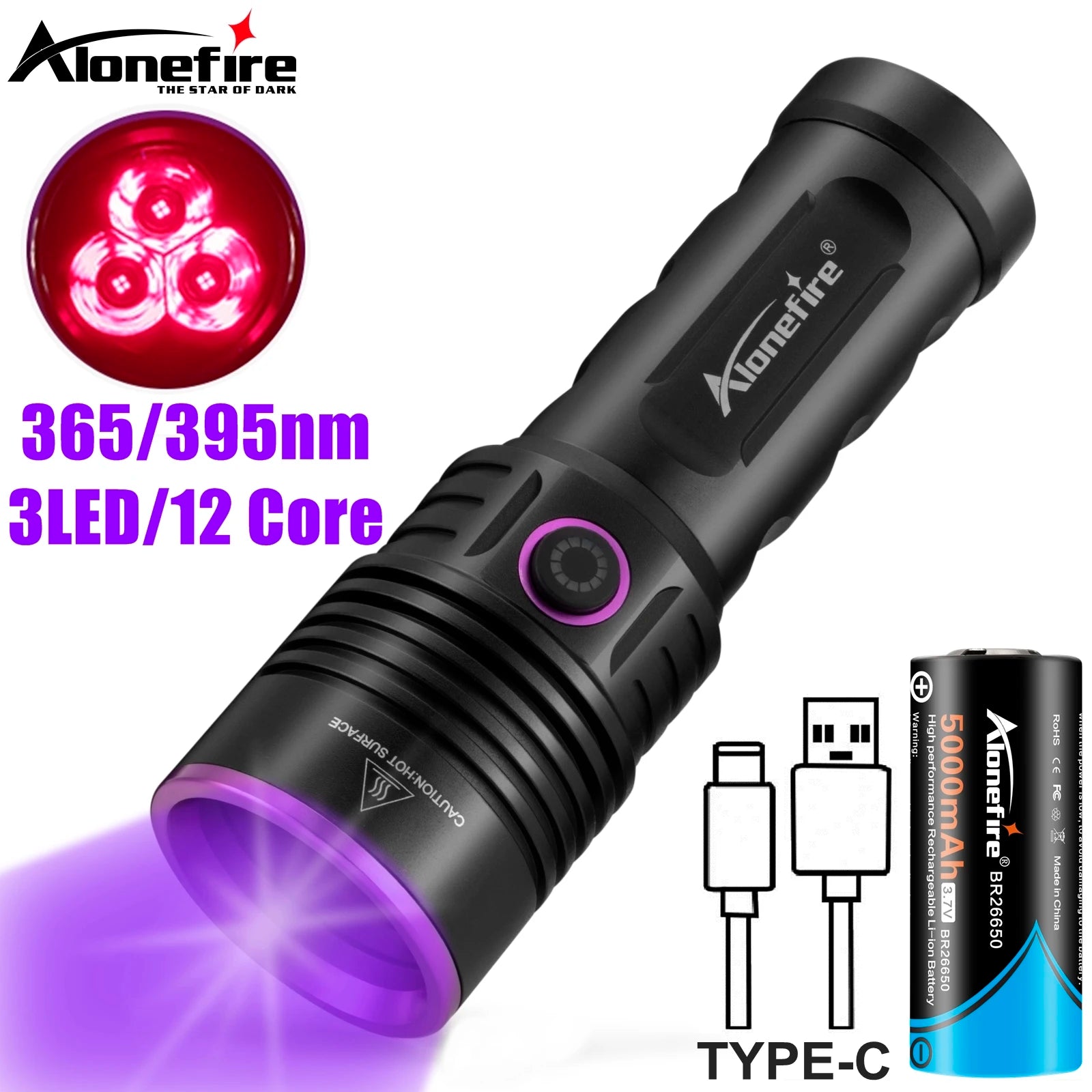 Alonefire SV53 60W High Power 365nm UV Flashlight Detector Money Pet Stains Hunting Work Marker Usb Rechargeable Checker Torch