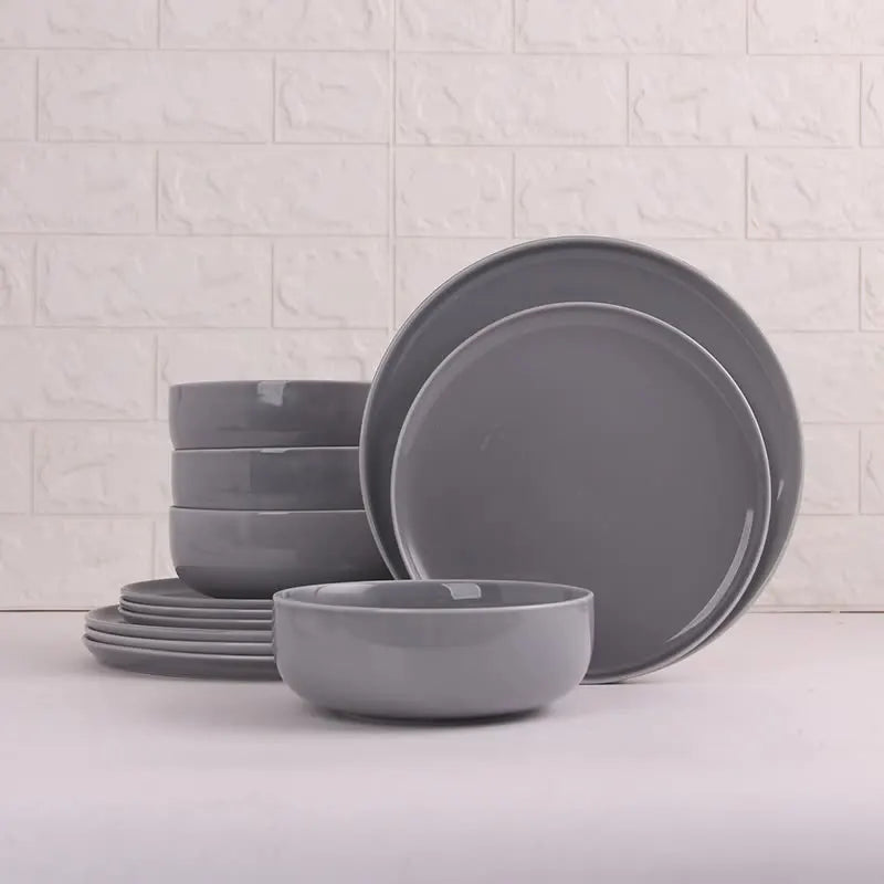Nordic Hotel Restaurant Popular Vintage Pure Shiny Gray Porcelain Ceramic Charger Dinner Plate and Bowl