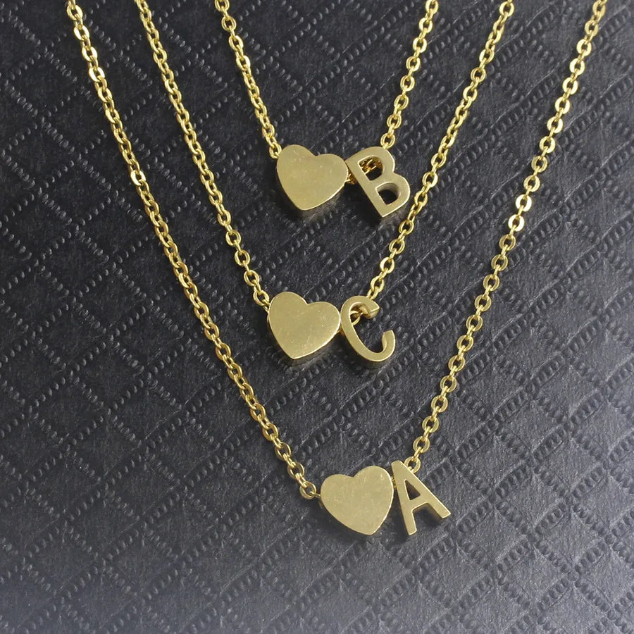 Fashion Stainless Steel Letter Heart Pendant Alphabet Name Personalised 18K Gold Plated Initial Necklace