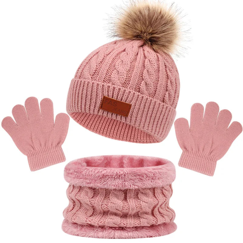 Girls Toddler Winter Beanie Pom Knit Neck Warmer Gaiter Mittens Fleece Lined Scarf Set Applicable for Business Travel for Beach
