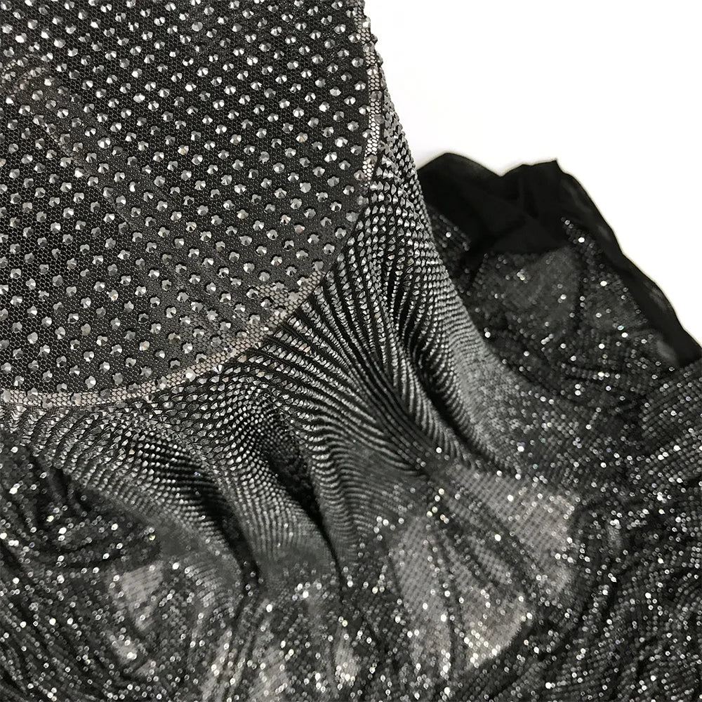 F002 Crystal Fabric Rhinestone Black Crystal Beaded Fabric Crystal Rhinestone Mesh Net Fabric