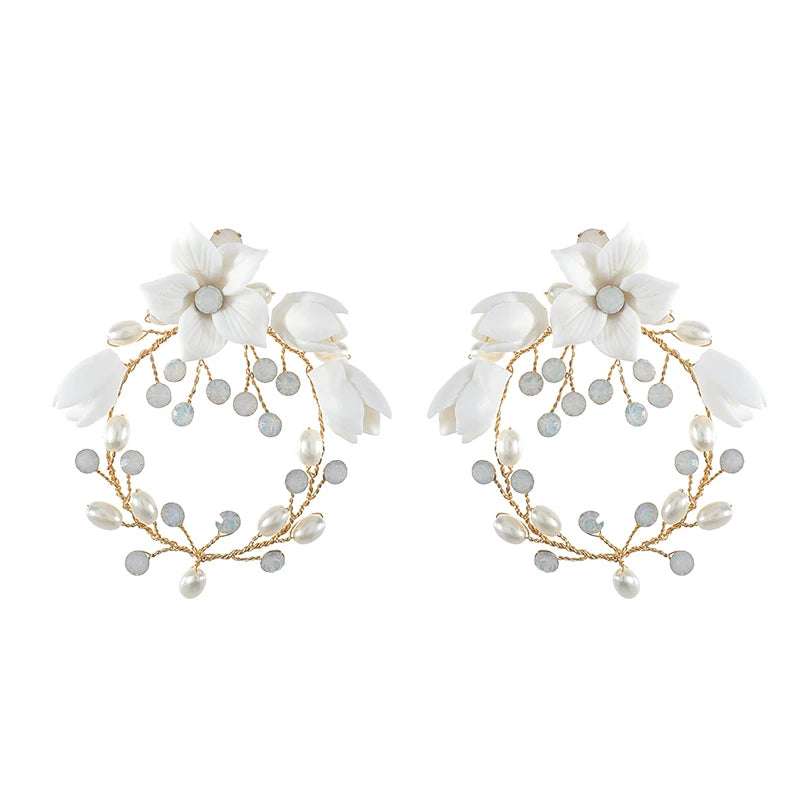 Sweet KC Gold Wedding Blooming Round Hoop Earrings Opal & Pearl Bridal Earrings