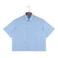 Button up Men's Casual Loose Short Sleeve Summer Shirt Blue Striped Young 100% Cotton Anti-Wrinkle Breathable