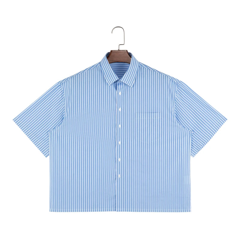 Button up Men's Casual Loose Short Sleeve Summer Shirt Blue Striped Young 100% Cotton Anti-Wrinkle Breathable