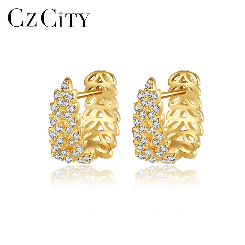 CZCITY Leaf Shape Grain Woman Earing Silver Luxury Korean Drop Designer 925 Cubic Zirconia Hoop Earrings