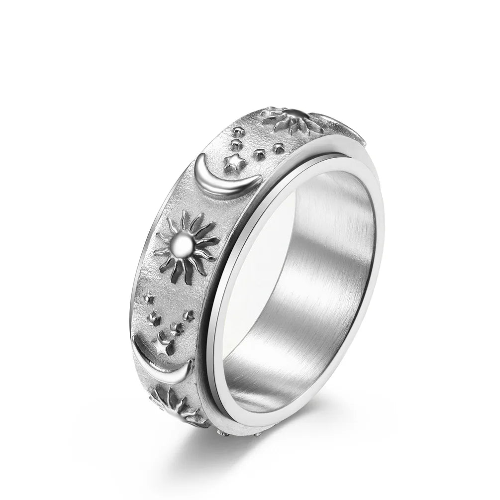 Bohemian Style Decompression Fidget Spinner Rings Jewelry Rotatable Stainless Steel Star Moon Sun Ring