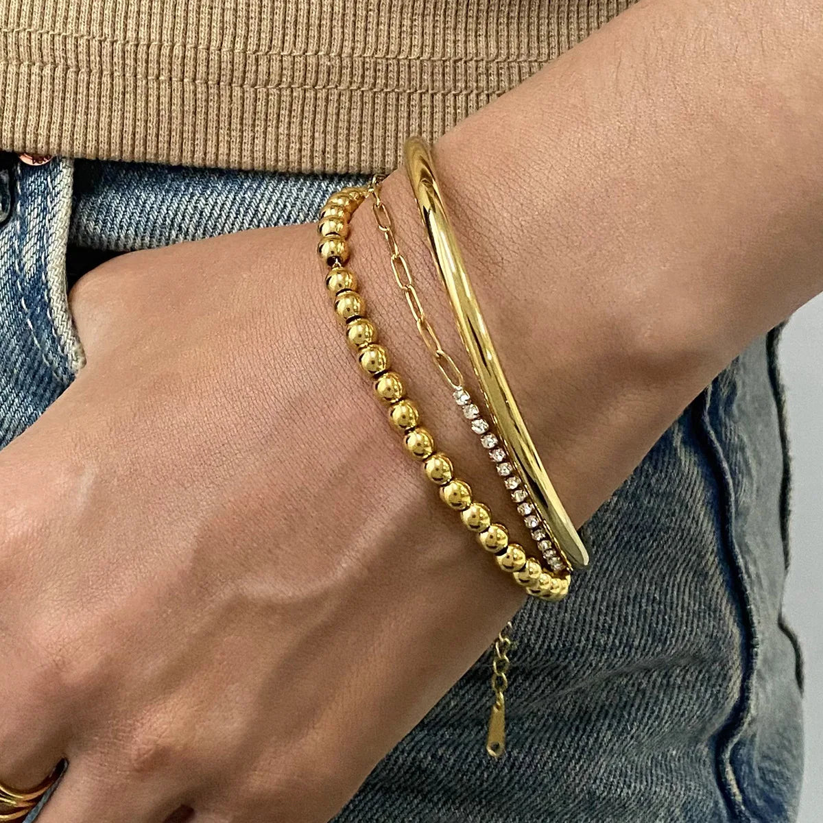 New Style Waterproof 18K Gold Plated Stainless Steel Jewelry Party Gift Wide Opening Texture Bracelet for Women