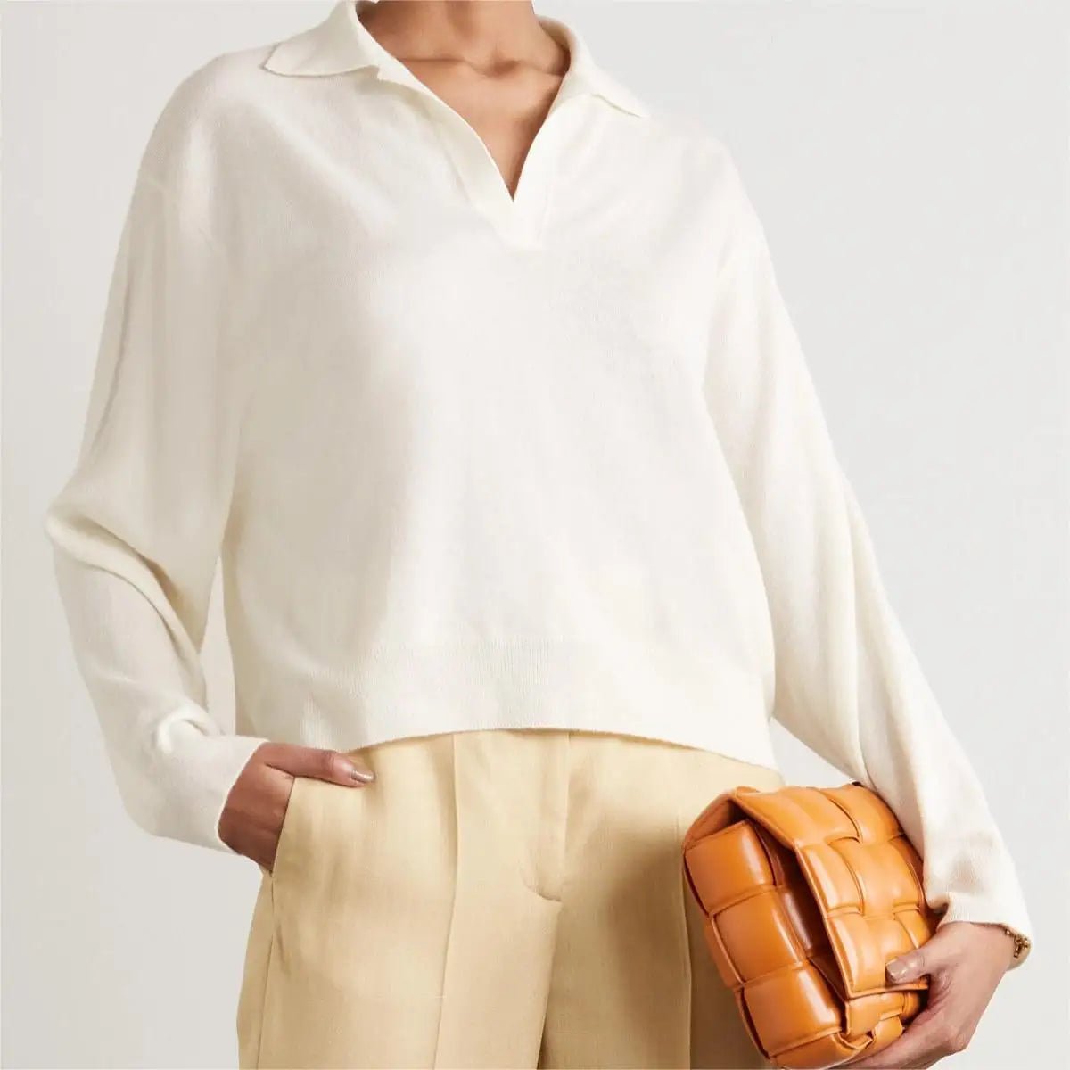 Knitwear Supplier Custom Quality 14GG Cotton Knitted Light Thin White Long Sleeve Polo Collar Womens Sweater Shirt