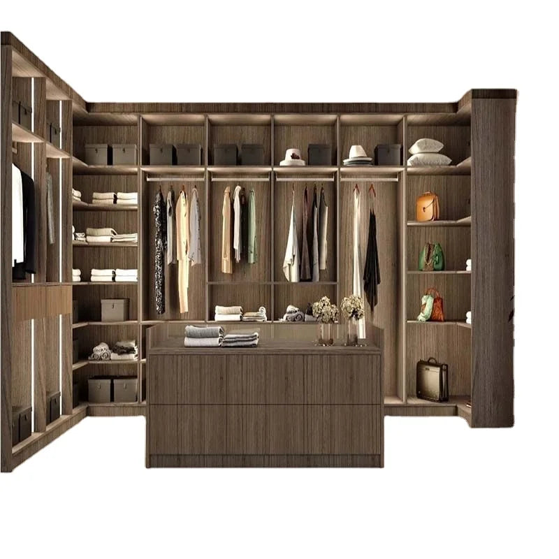 En L-shaped Wardrobe Multifunctional Storage Space Partition with Small Island High-grade Wood Texture Matching