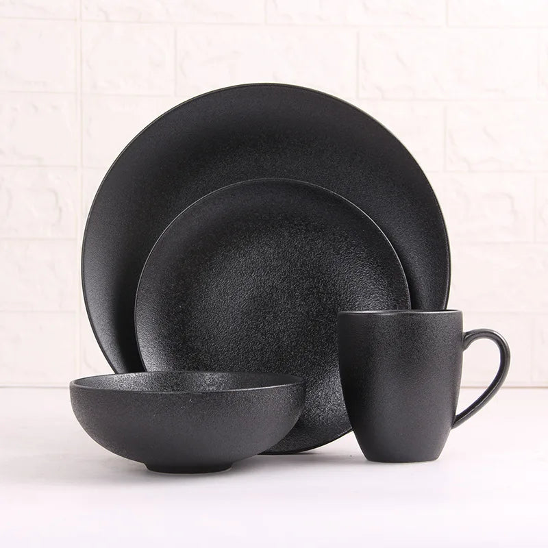Wholesale Customized Nordic Handmade Bulk Black Decorative Ceramic Plate Dish Set and Cup Dinnerware Sets