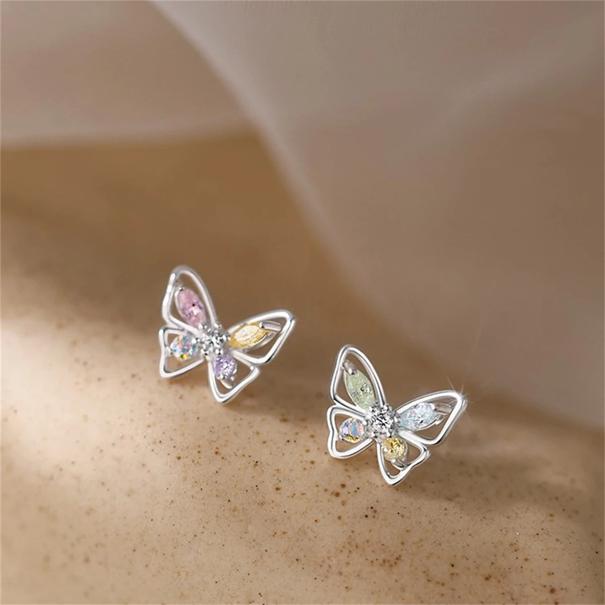 1Pair Fashion Silver Crystal Colourful Butterfly Stud Earrings Womens Girls Jewellery Gift