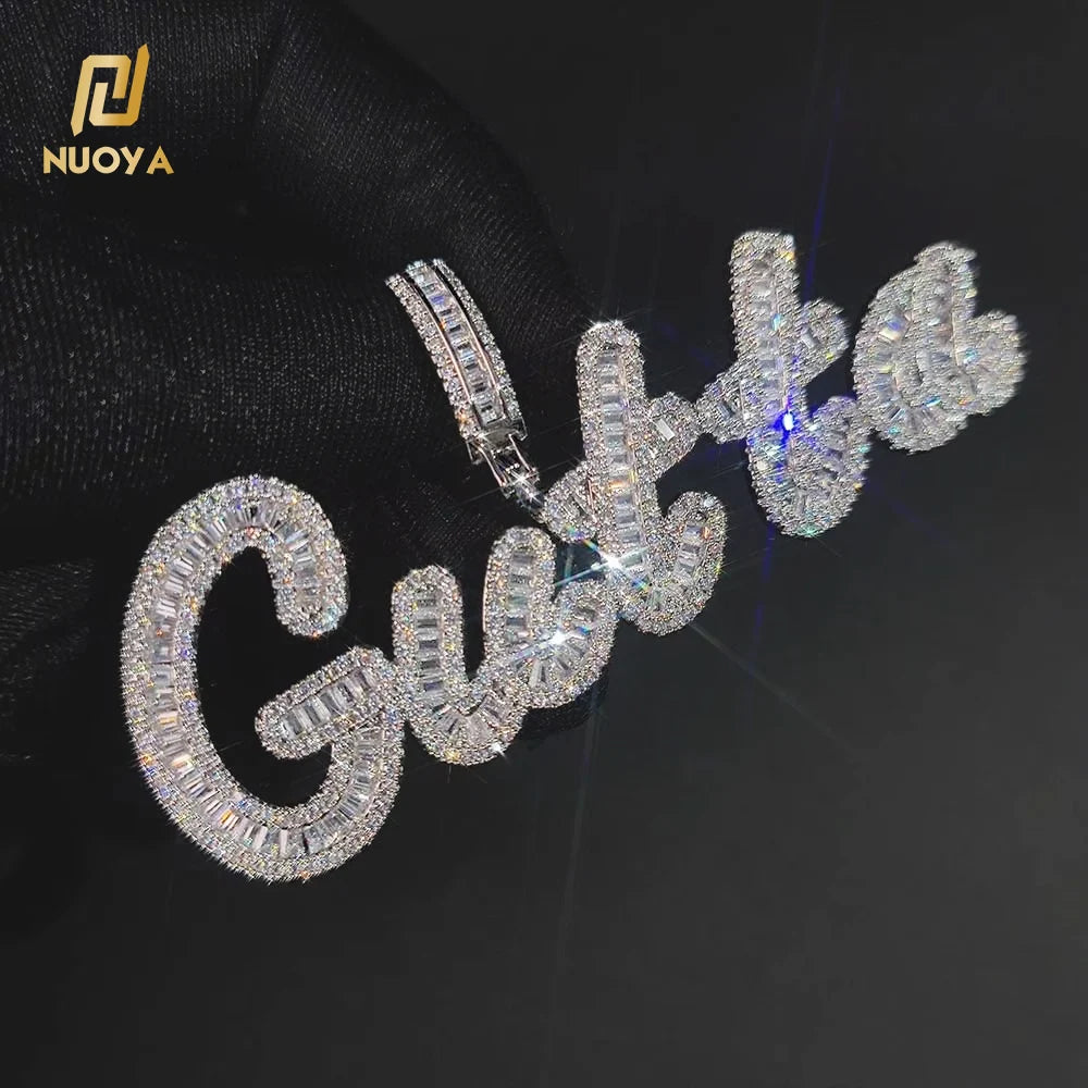 Personalized Custom Baguette Initial Letter Pendant Bling Zircon White Gold Capital Alphabet Name Necklace MegaBDM