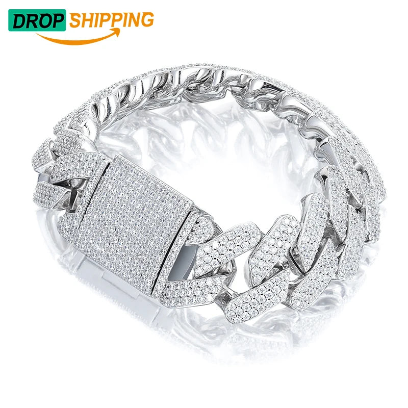 Dropshipping Luxury 18mm White Gold Plated 925 Sterling Silver 3 Rows VVS Moissanite Diamond Iced Out Cuban Link Bracelet
