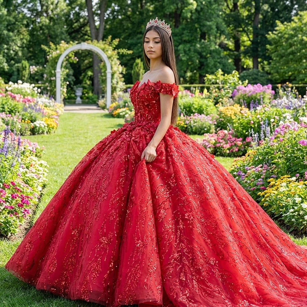 Red Quinceanera Dress Sweet Prom Dress 15 Year Old Lace Applique Party Princess Dress 9912