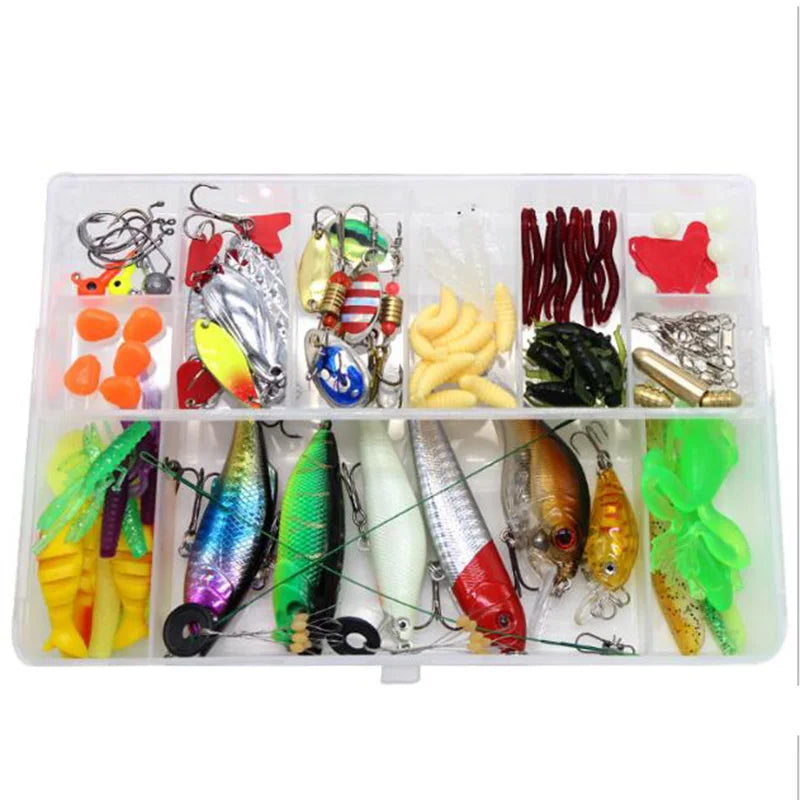 101pcs/set PVC Fishing Lure Set with Artificial Crankbait Minnow Popper Vib Hard & Soft Bait Kit-Vivid Swimming Action