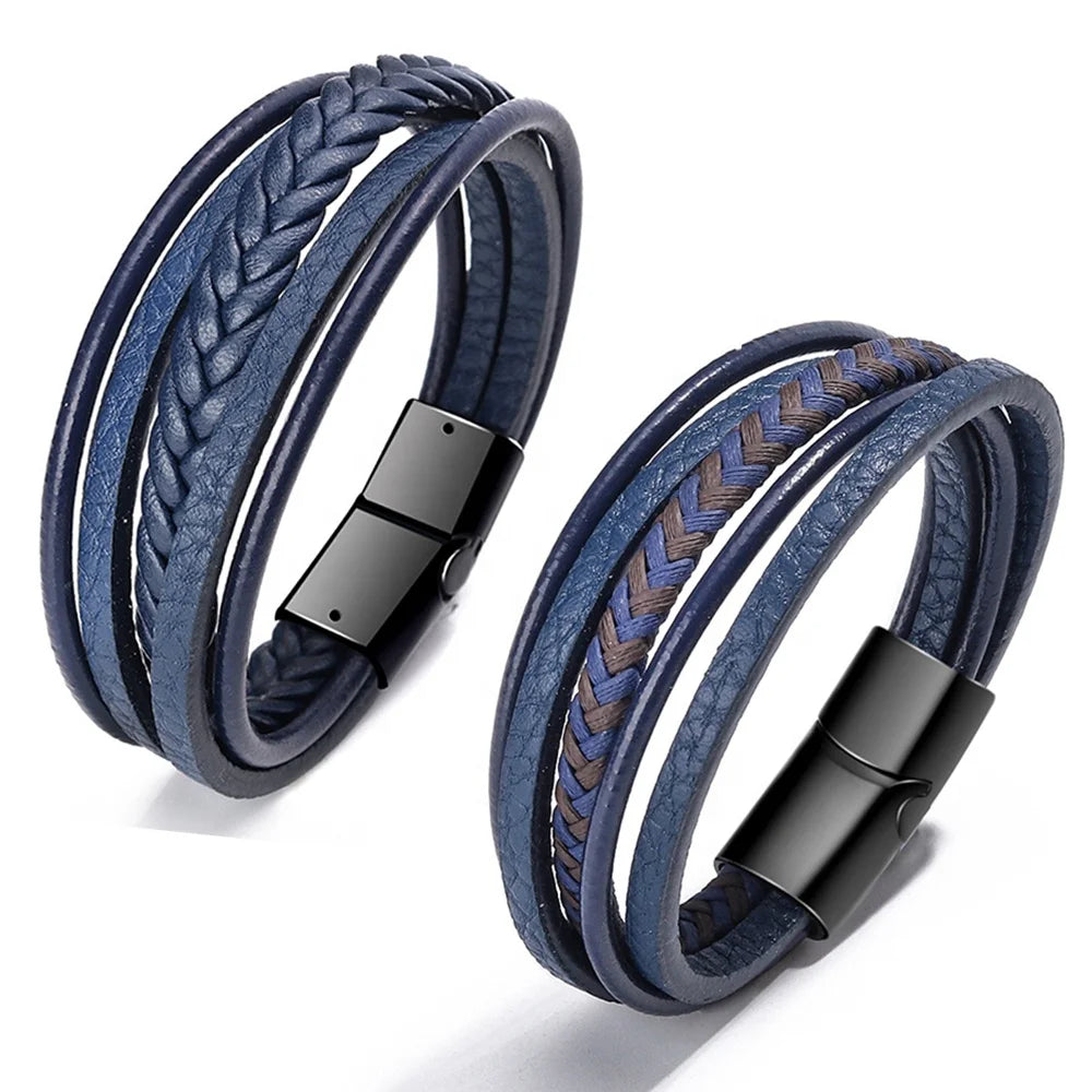 Punk Style Magnetic Clasp Navy Blue Cuff Leather Bracelet Jewelry for Men
