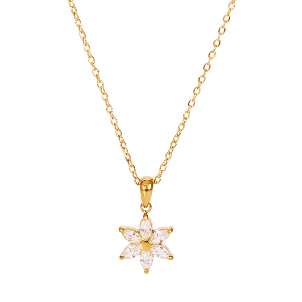 Best Seller 18K Gold Plated Cubic Zirconia Flower Snowflake Pendant Necklace for Women Gift  Stainless Steel Fine Jewelry