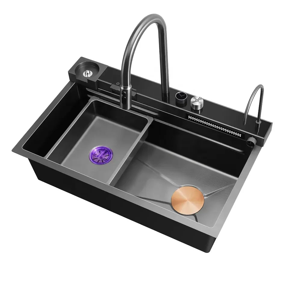 Fregadero Wash Basin Double Bowl Stainless Steel Handmade Modern Black Kitchen Undermount Sink with Waterfall Faucet