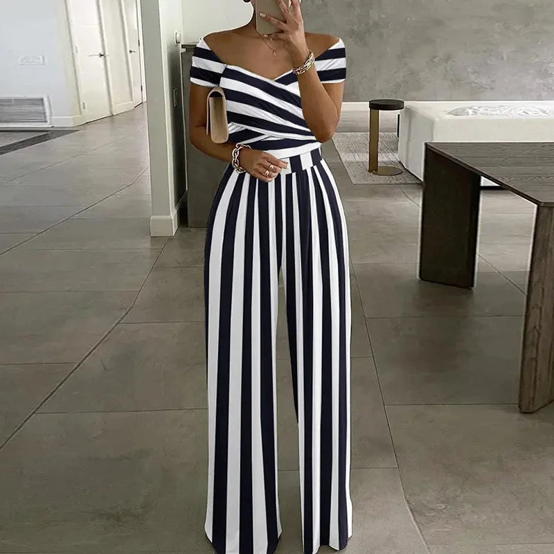 2023 Summer Sexy Off Shoulder V-Neck Print High Waist Pleated Straight Sleeve One Piece Garment Elegant Women's Jumpsuits