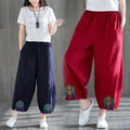 L-4XL Spring/Summer Literature and Art Casual Cropped Pants Vintage Embroidery Elastic Waist Bloomers