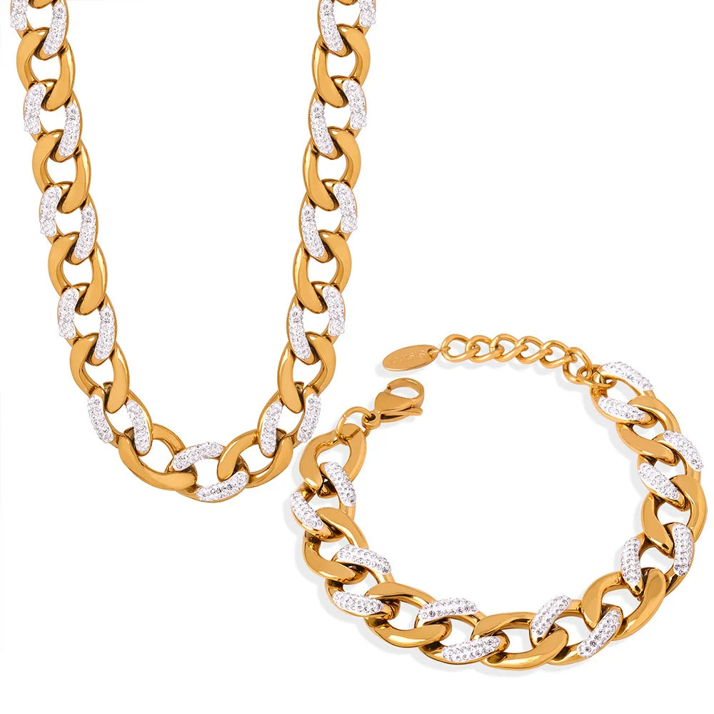 Punk Statement White CZ Iced Out Bling Luxury Cuban Chain Stainless Steel Necklace &Bracelet Set for Men Women