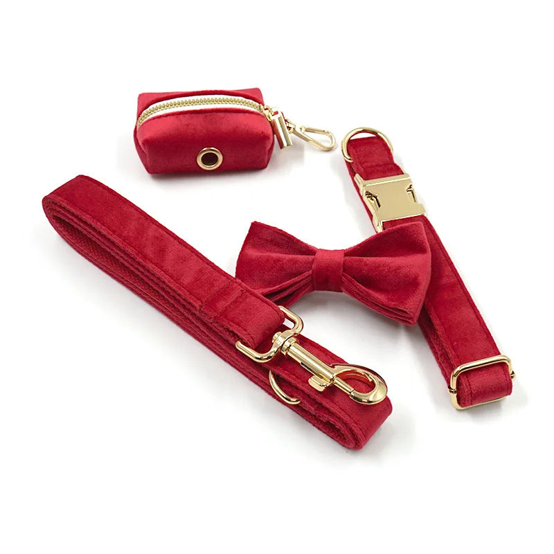 Hot Selling Red Thick Velvet Gold Button Collar Leash Bow-tie Dog Potty Bag Set for Small Medium and Large Dog
